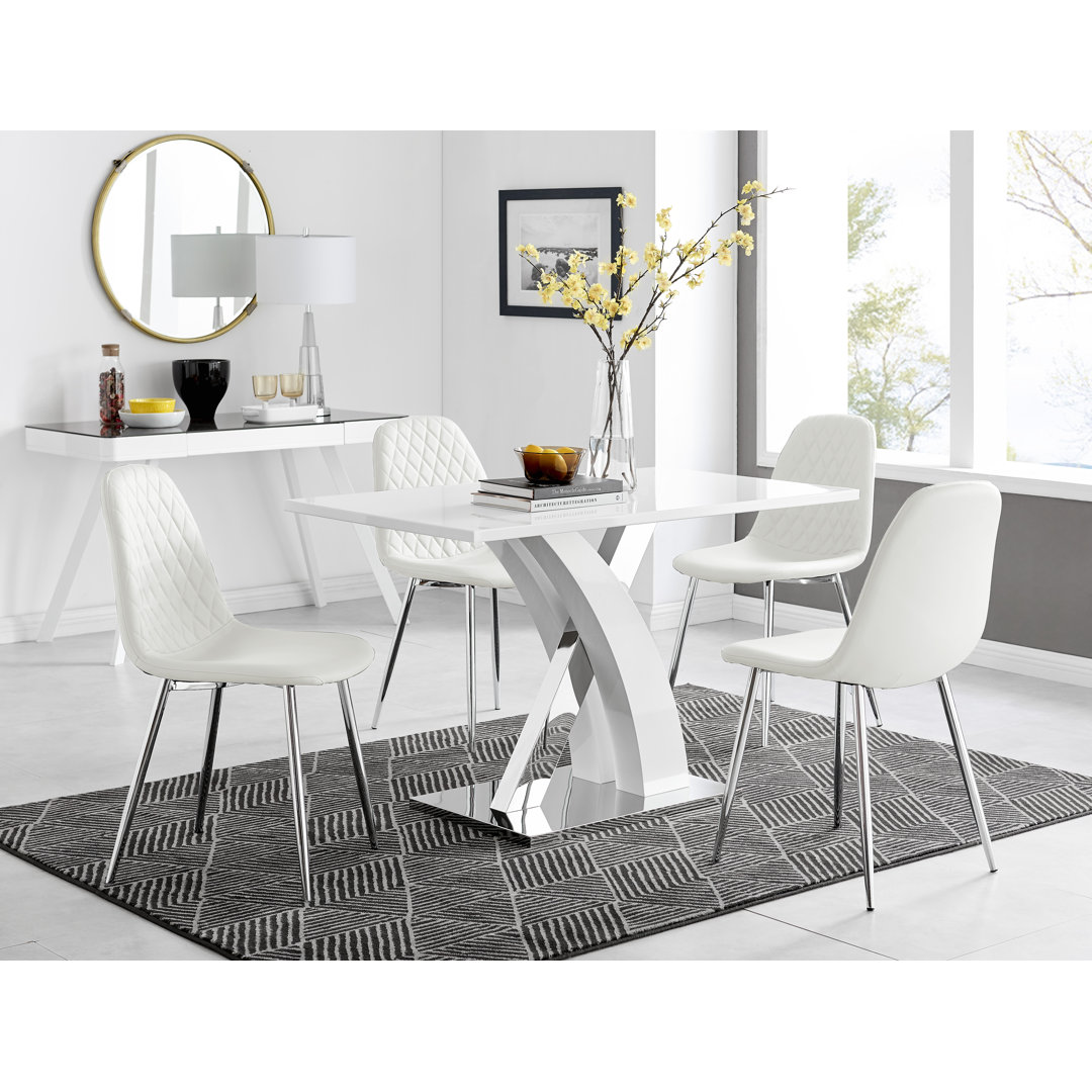 Edzard Chrome & White High Gloss Dining Table Set with 4 Luxury Faux Leather Dining Chairs East Urban Home Chair 