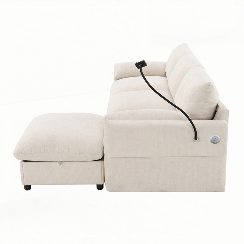 96.5'' L-Shaped Sectional Sofa With Storage Ottoman And Pockets, Adjustable Phone Holder, USB Charger, Beige