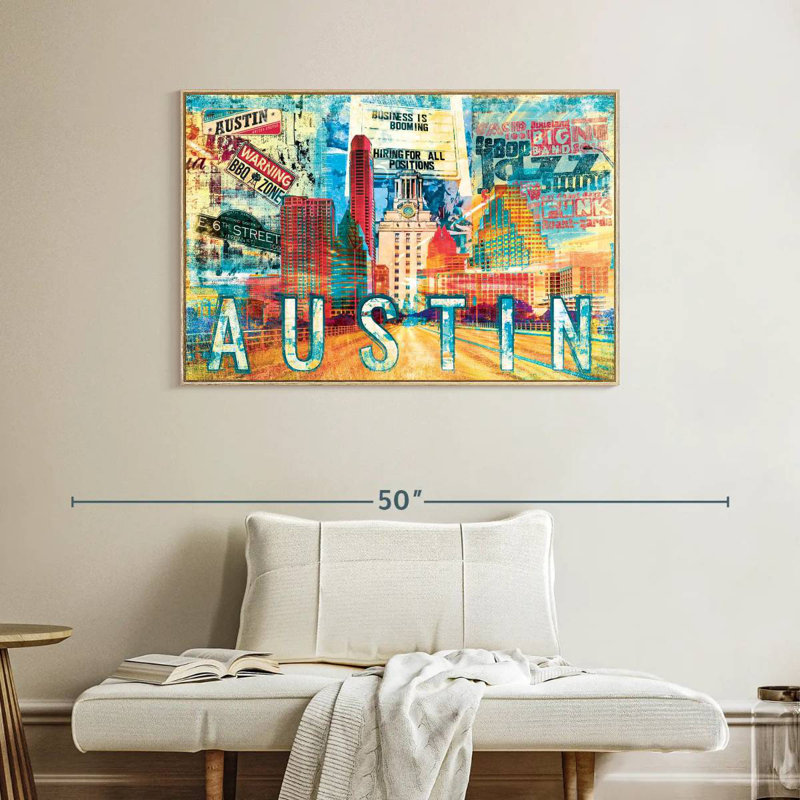 Road to Austin City Grunge, Cadre flottant en bois naturel, 40 po x 27 po