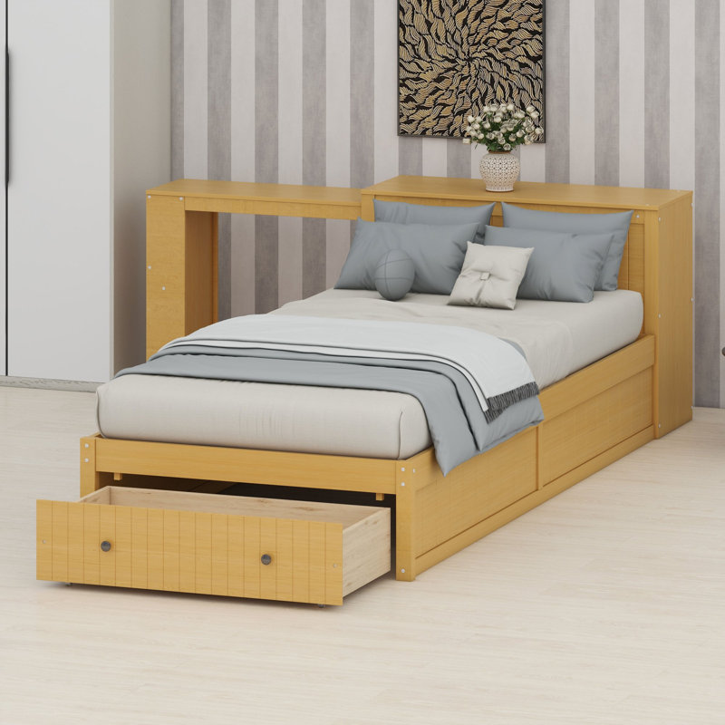 Lit plateforme avec bureau intégré et rangement pour les chambres modernes, Natural