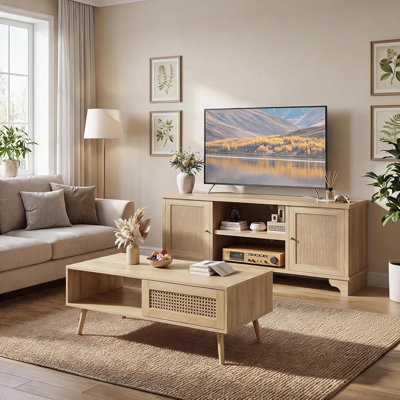 2-Piece Living Room Furniture Set with 62" TV Stand  Coffee Table, Natural