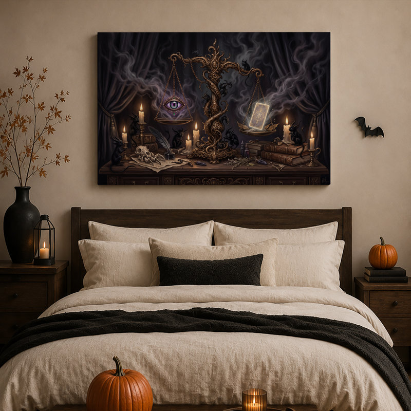 Tableau sur toile noire représentant une écaille dorée mystique avec un œil brillant, idéal pour Halloween., 12"H x 18"W