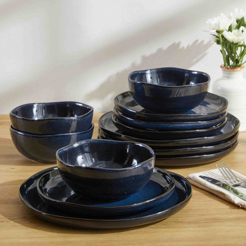 Services de vaisselle en grès, ensemble de vaisselle 12 pièces, Bleu étoilé