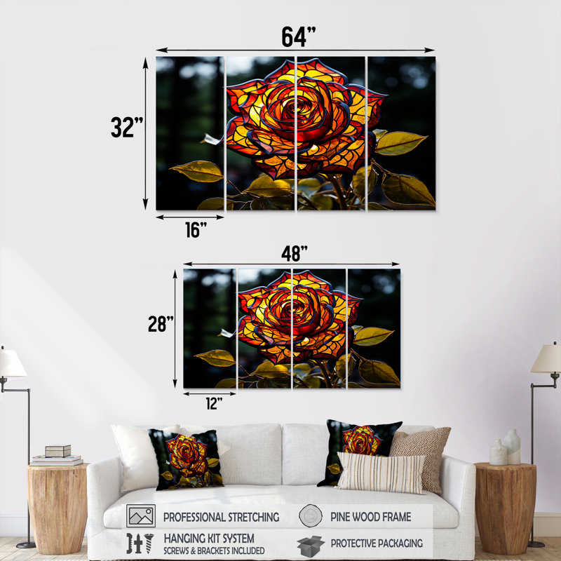 Ensemble d'art mural abstrait géométrique floral jaune et rouge - 4 pièces, H 32 po x l 64 po