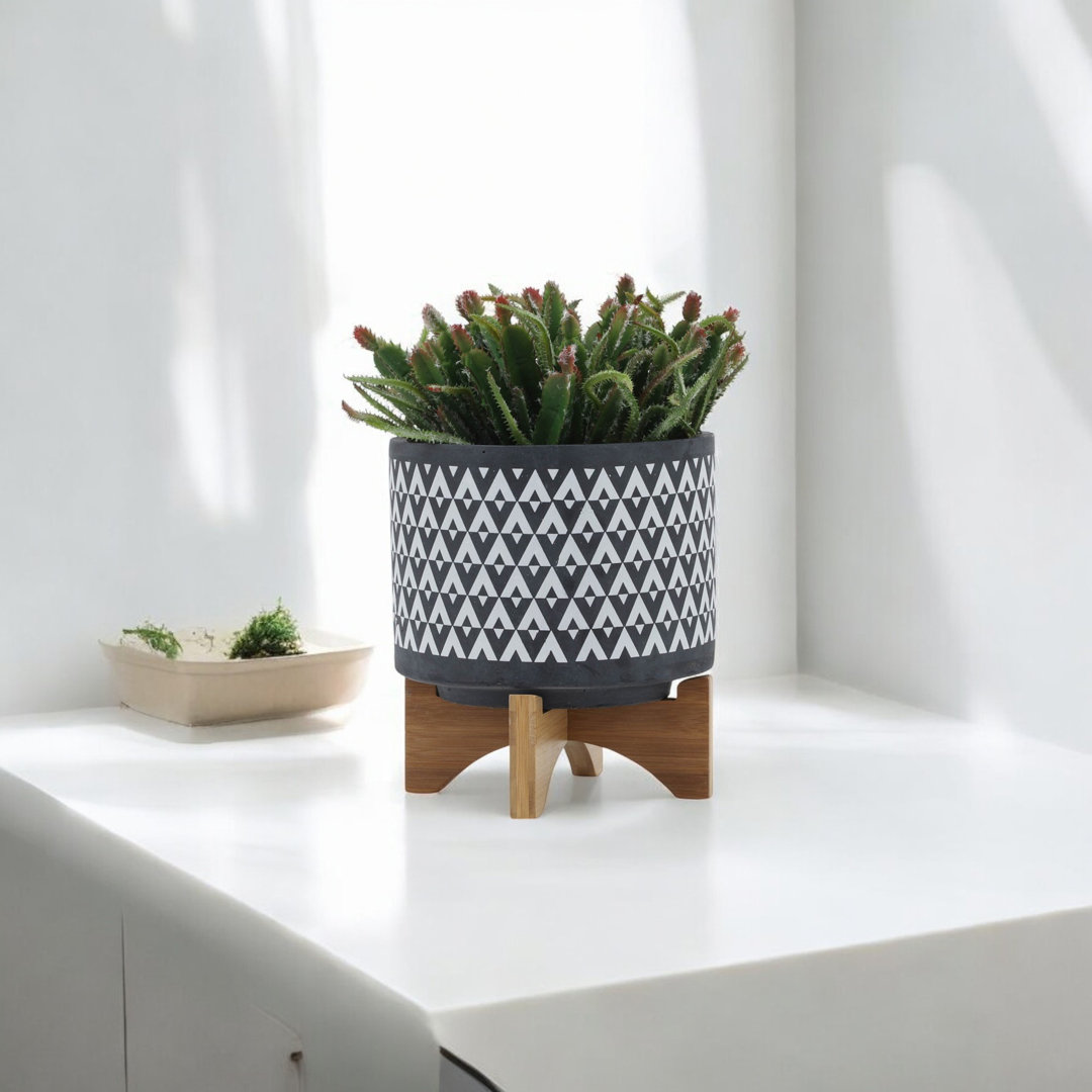 Stoneware Planter with Wooden Stand - Decorative Ceramic Plant Pot with Elevated Base Dakota Fields