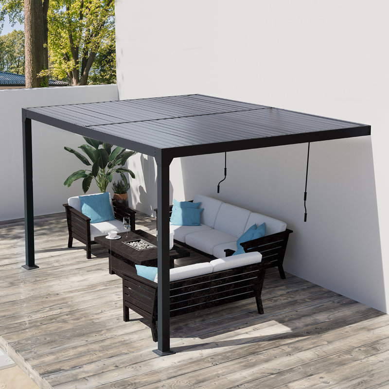 13 pi. L 10 pi. D Pergola murale avec toit incliné à persiennes réglable, Gris foncé