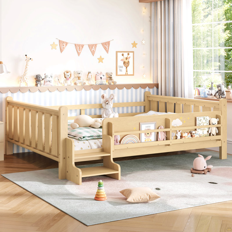 Grand lit au sol avec bibliothèques de rangement, lit en bois massif pour enfants avec de jolis escaliers et garde-corps, aucun sommier nécessaire