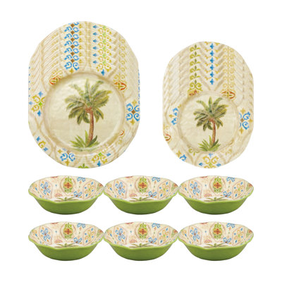 Ikat Palm 18 Piece Melamine Dinnerware Set Plate and Bowl Set - Service for 6