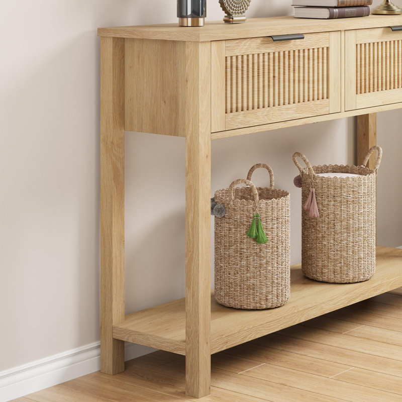Farmhouse Entryway Table,43 Inch Wood Console Table With 2 Drawers, Beige