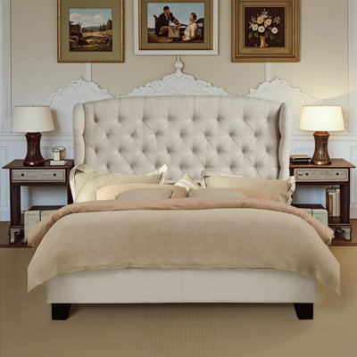 Linen Fabric Upholstered Bed,Tufted Headboard Adjustable Height Bed Frame