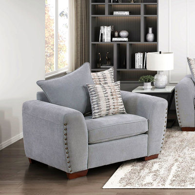 Fauteuil d'appoint avec dossier en tissu peluche, coussins décoratifs, garniture cloutée, meuble de salon en bois massif, 1 pièce