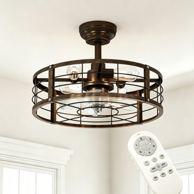 Ventilateur de plafond en cage Farmhouse avec lumière, ventilateur de plafond encastré à profil bas en or brossé 20 po, ventilateur de cage fermé E26 à 4 lumières avec télécommande, moteur à courant continu réversible à 6 vitesses pour le salon de la cuisine de la chambre à coucher