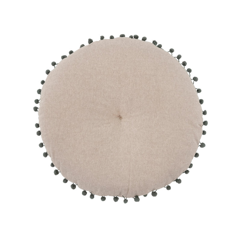 Round Embroidered Cotton Pillow with Pom Pom Trim