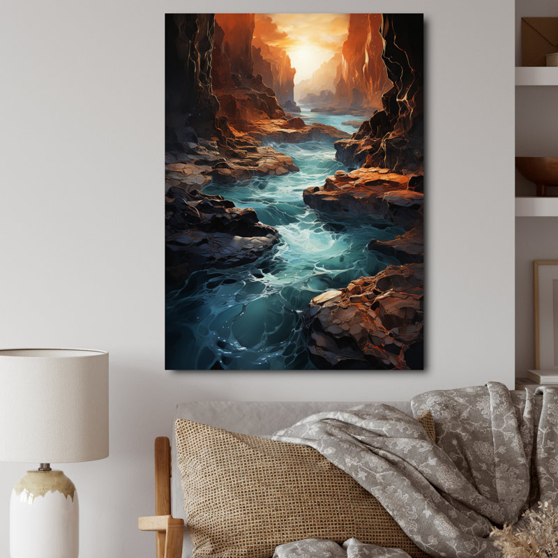 «Warm Sunset Over Blue Mountain River with Rocks I», reproduction sur toile, H 32 po x l 16 po x P 1 po, Toile tendue