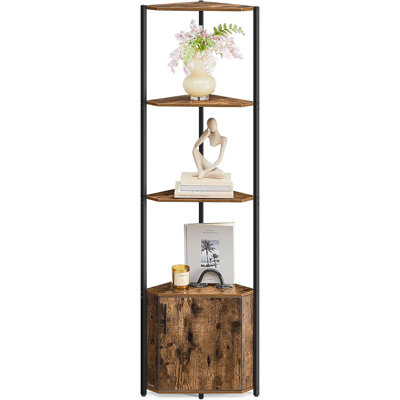 Armoire de rangement en coin à 5 niveaux, brun rustique et organisateur noir encre pour chambre à coucher, salon, cuisine et salle de bain