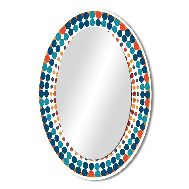 Boho Mandala en rétro bleu et orange I - grand miroir mural ovale sur métal, 36 po x 24 po