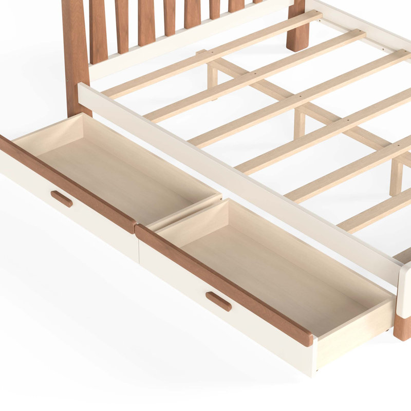 Lit plateforme double avec rangement sous le lit et tête de lit arrondie, Beige;Deep Natural