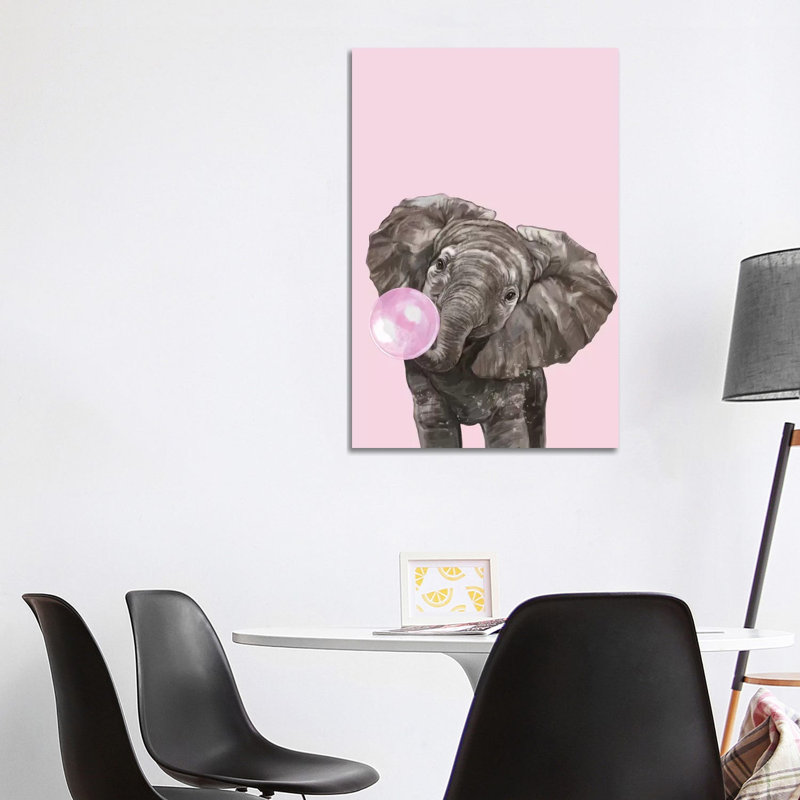 Bubble Gum Elephant In Pink by Big Nose Work - Wrapped Canvas Print, 20.32 cm H x 30.48 cm W