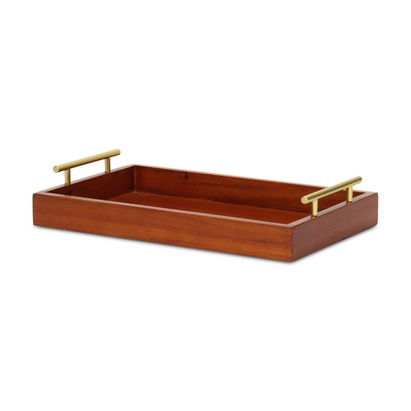 Normant 16" Brown And Gold Solid Wood Handmade Serving Tray With Handles