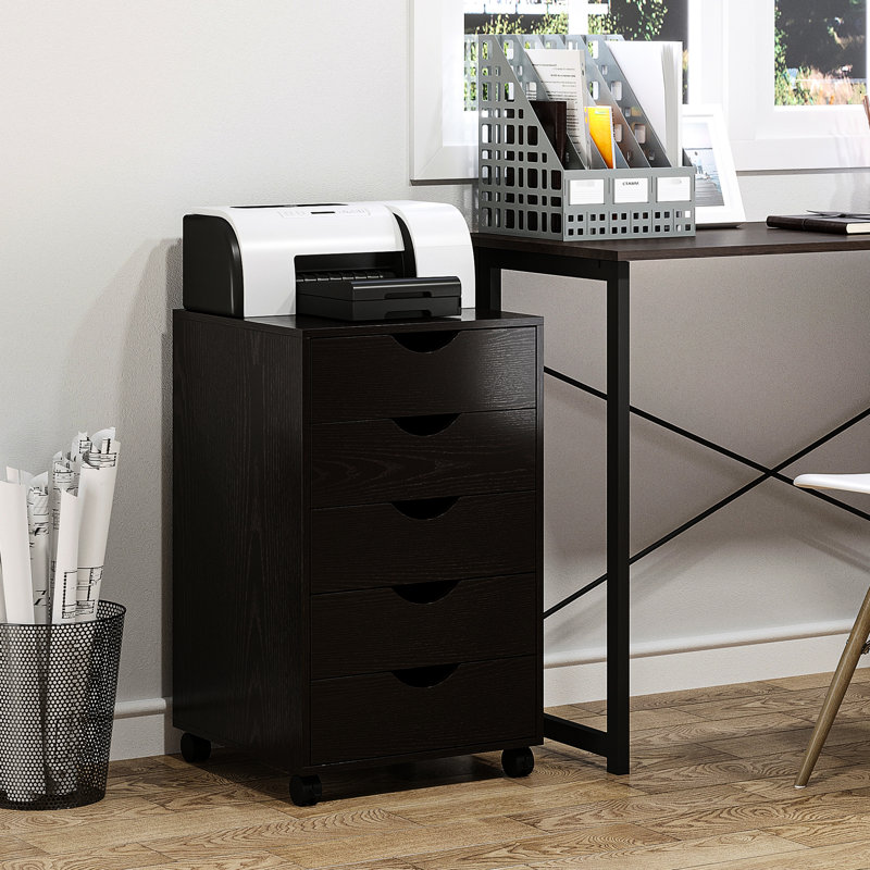 Classeur moderne à 5 tiroirs avec roulettes, rangement brun et polyvalent pour le bureau et la maison, fabriqué à la main à partir de panneaux de particules, roulettes faciles à déplacer