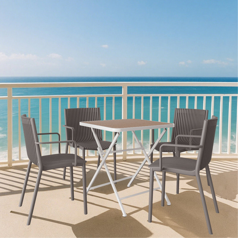 Holiday- 4Pcs Warm Grey Stackable PP Armchair For Indoor/Outdoor Use -Ergonomic Slatted Back With Modern Folding Indoor/Outdoor Multi-Functional Square Table- PP Tabletop With Metal Legs