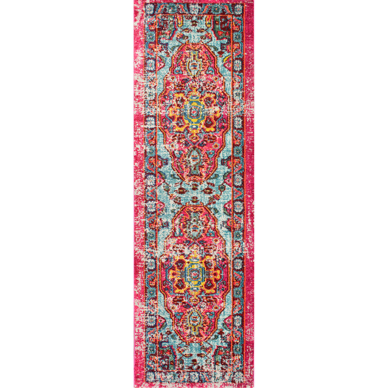 Tapis rose à motif bohème rétro tissé à la machine Performance Juliemarie, Tapis de couloir 2 pi 6 po x 8 pi
