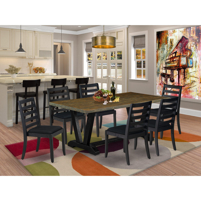 L'ensemble de table de cuisine 7 pièces se compose d'une table de cuisine rectangulaire et de 6 chaises empilables en tissu de polyester noir, finition noire brossée
