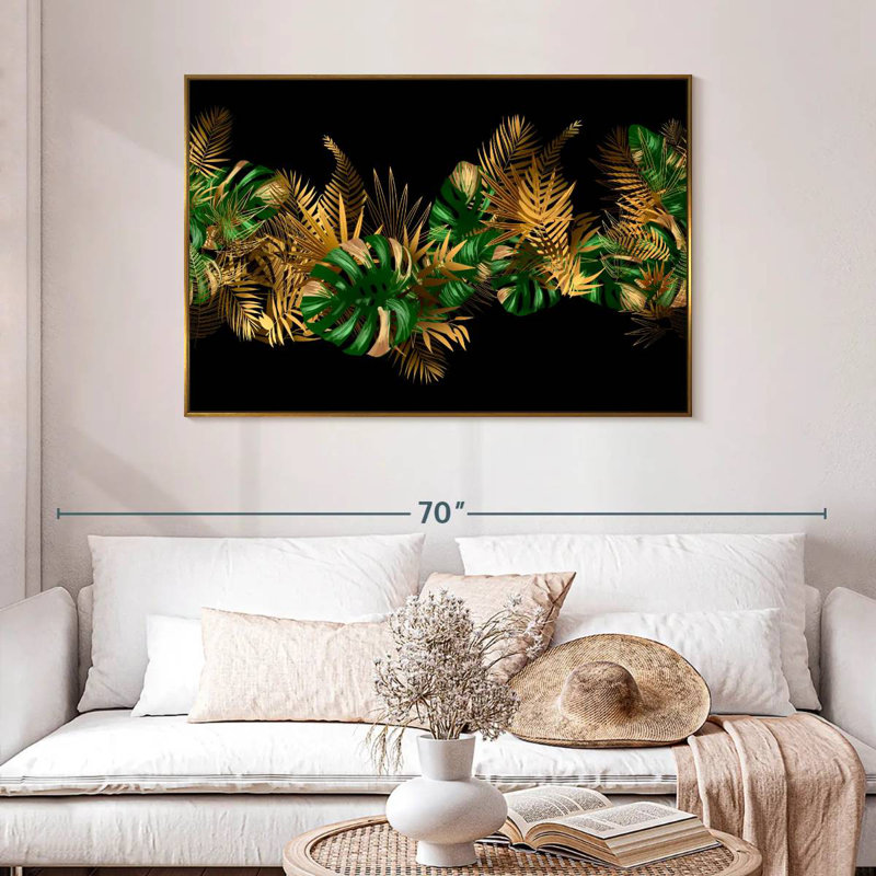 Feuilles dorées et vertes, 46 po x 31 po, Cadre flottant doré