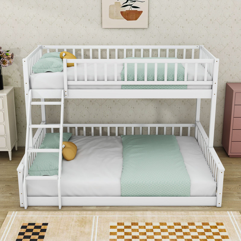Twin XL Over Queen Wood Bunk Bed With Ladder & Guardrails, Detachable Design, White