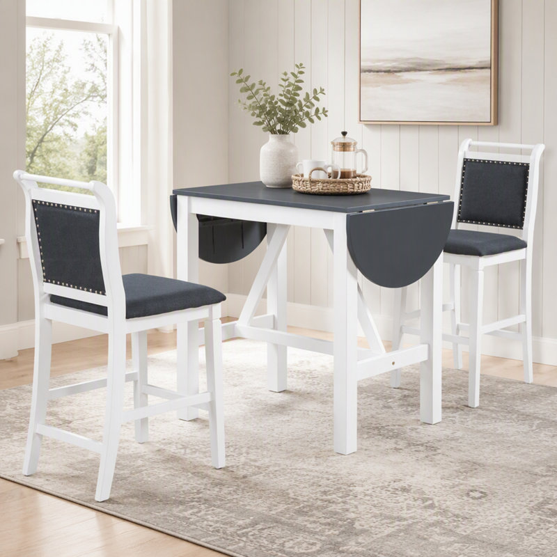 Ensemble de table de salle à manger 3 pièces en bois, hauteur de comptoir, avec abattants et 2 chaises rembourrées, pour petits espaces