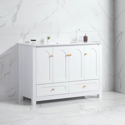 Armoire de rangement de 48 po pour salle de bain abondante - 4 portes à fermeture douce et 2 tiroirs (excluant le lavabo en céramique)