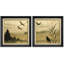 «Flying Birds and Forest Mist Landscape Minimal Nature Silhouette», reproduction d'art encadrée de la chambre principale, 2 pièces-2110631851-2110631845