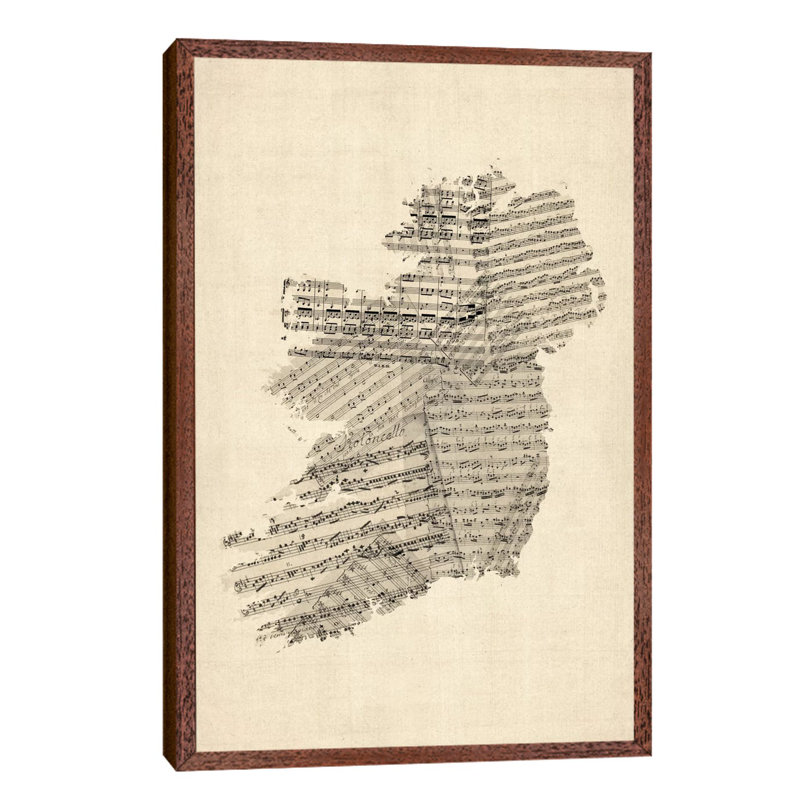 Ireland Sheet Music Map by Michael Tompsett - Floater Frame Print on Canvas, 152.5 cm H x 101.5 cm W, Brown Framed