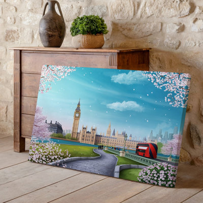 Canvas A Whimsical Pastel Colored Illustration Of London Featuring The Iconic Wall Art Big Ben And The Houses Of Parliament Surrounded Canvas Wall Art