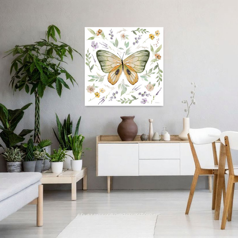 «Organic Nature I», art contemporain délicat et élégant, nature et papillon, 36" H x 36" W