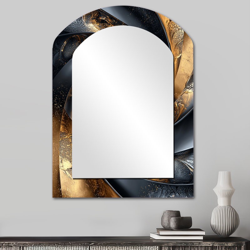 Abstract Spirals In Gold And Black Tones IV - Abstract Spirals Asymmetrical Large Mirror, Modern Arch Decorative Wall Mirror, Printed Metal Art