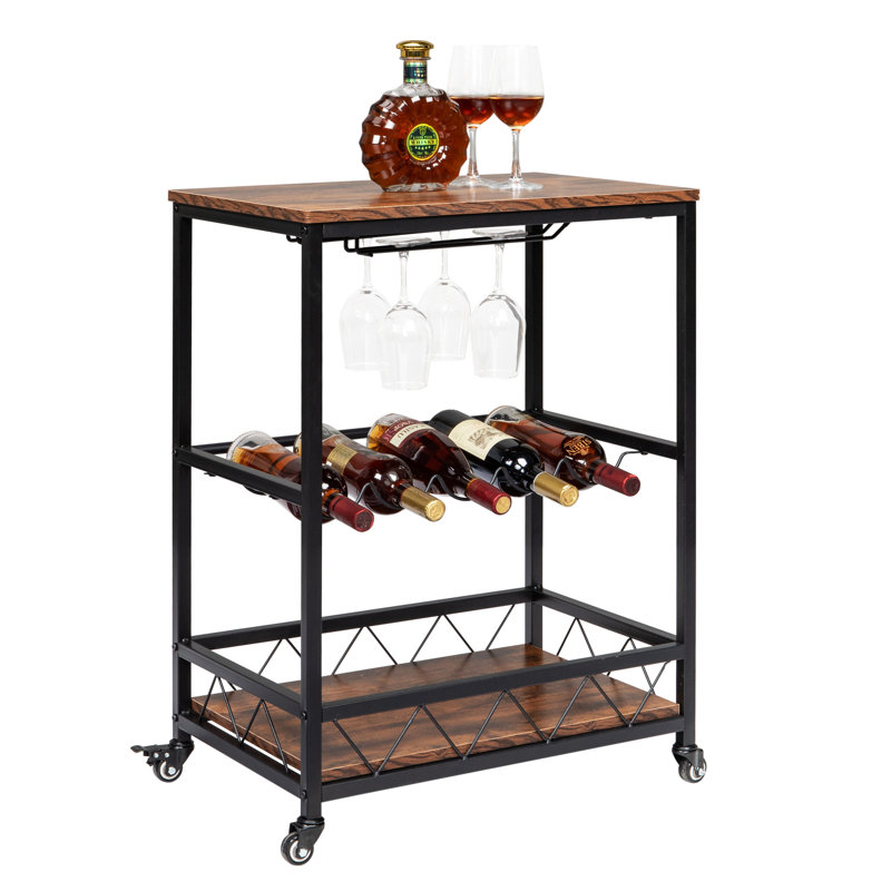 5 Bottle Floor Wine Bottle & Glass Rack, Brown/Black