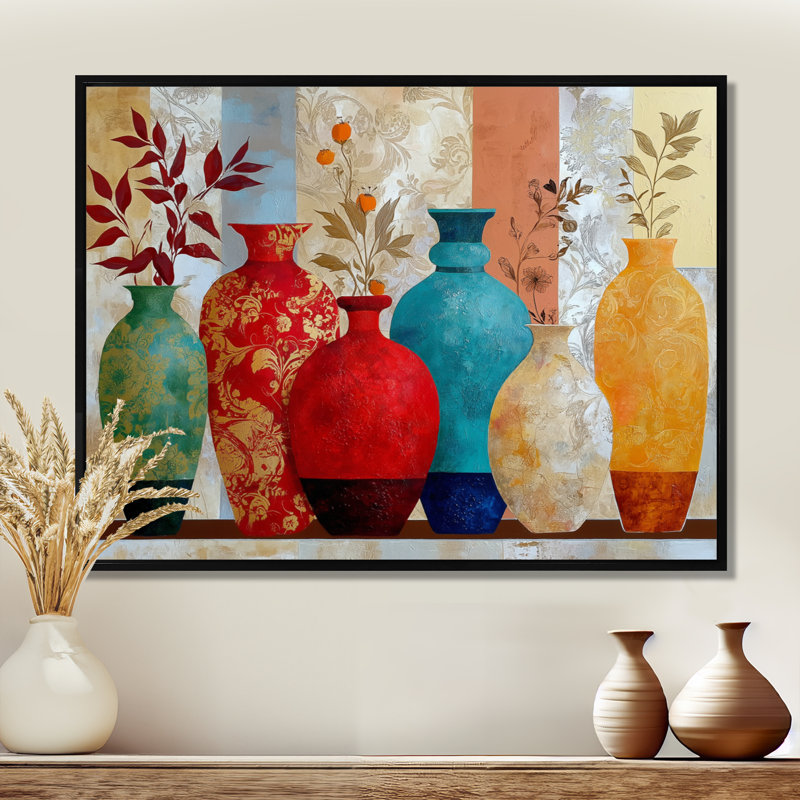 «Boho Plants Moroccan Vases - Morocco Pottery», reproduction d'art sur toile rouge, H 34 po x l 44 po, Cadre flottant, Noir