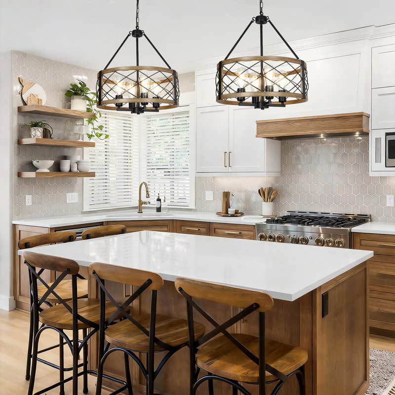 Dodson 17.72 in. 4-Light Drum Farmhouse Dining Room Chandelier, Black/Imitation Wood Grain