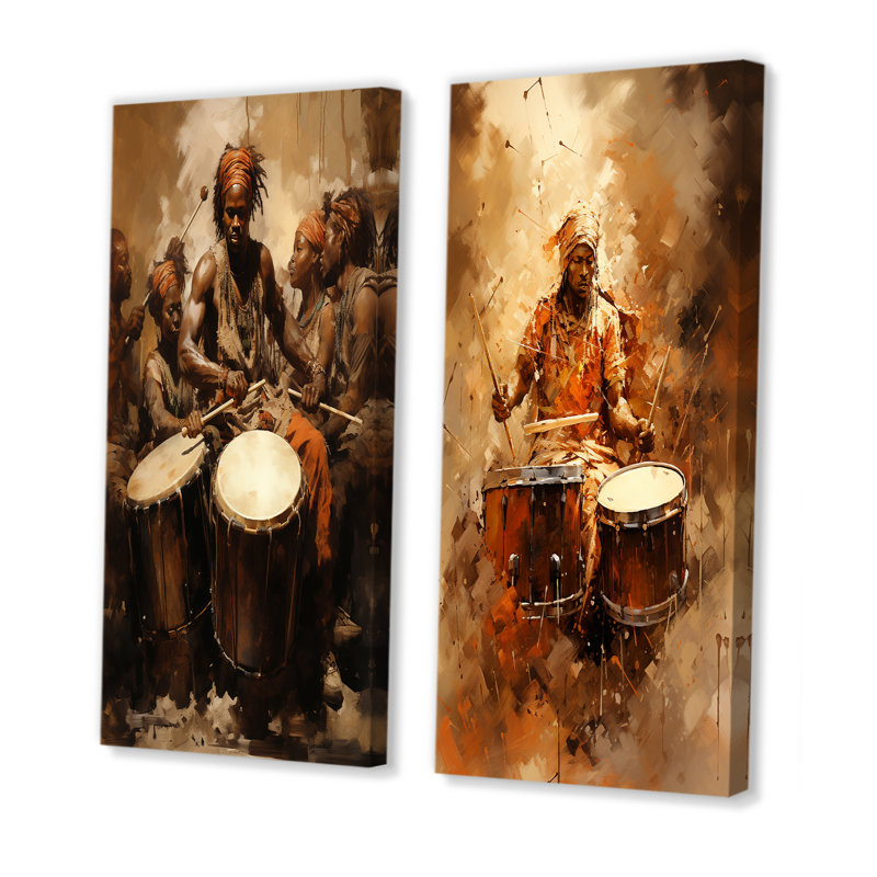 Drame traditionnel africain traditionnel - ensemble de 2 décorations murales musicales, H 28 po x l 25 po, Toile tendue