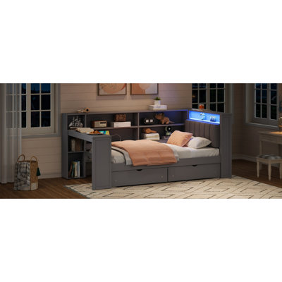 Wood Twin Bed Platform With 8 Storage Shelves, Drawers, Charging Ports, 7 - Color Led, Upholstered Headboard And Table, Grey Hue Mix 2 Led Lighting, Desk, Cushion