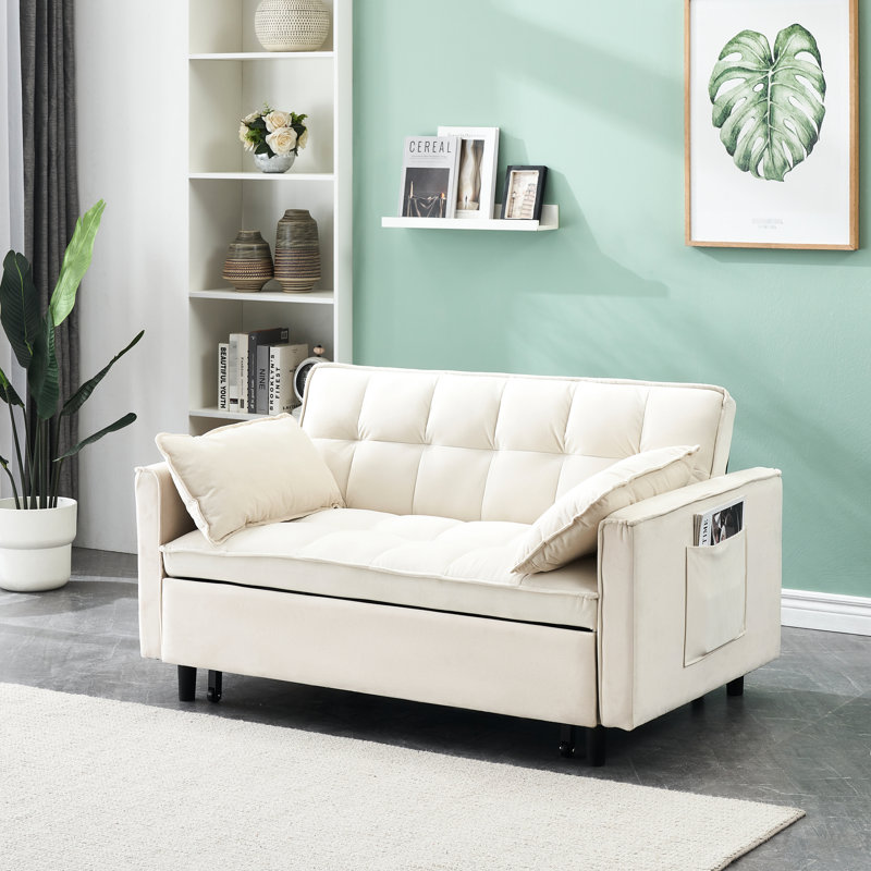 Lit convertible 3 en 1 en velours beige avec dossier et oreiller, largeur 33, profondeur 55, hauteur 32,33, style moderne et convertible.