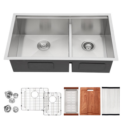 16 Gauge 304 Stainless Steel 60/40 Low Divide Double Bowl Workstation Undermount Kitchen Sink
