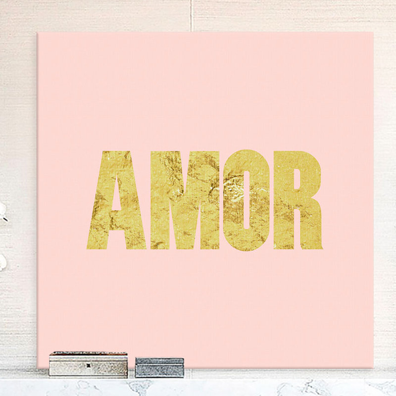 «Amor», art textuel sur toile en rose, Toile encadrée noire, Pas de tapis, H 37 po x l 37 po x P 1,5 po