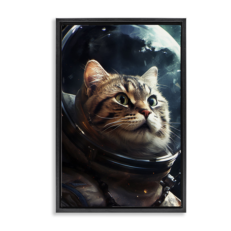 «Amazed Astronaut Cat» par Roozbeh Bahramali, H 25 po x l 17 po, Cadre flottant noir de jais