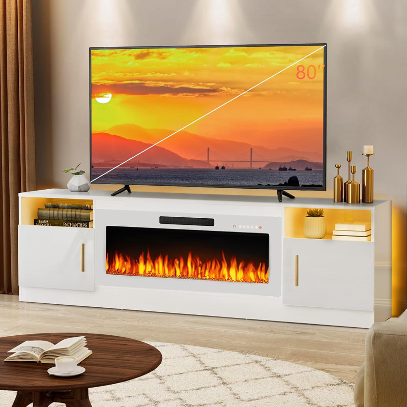 Meuble télé pour téléviseur de 80 po ou moins Alazik, Blanc/Noir