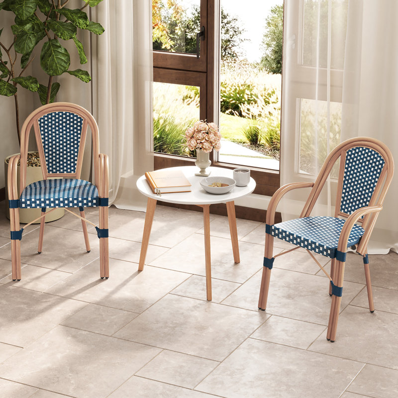 Chaises d'extérieur françaises 2 pièces avec accoudoirs en métal galvanisé blanc, Bleu / blanc /brun