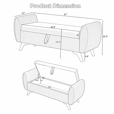 Banc de lit coffre moderne de 145 cm (57 po) en velours côtelé avec pieds en bois, idéal pour la chambre et le couloir.