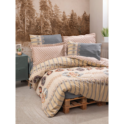 100% Cotton Ranforce Quilt Cover Set, Grey/Beige/Orange/Red, Duvet Cover 53.1 x 78.7 inches + 1 Pillowcase 31.5 x 31.5 inches | Pigment Printed, Machine Washable, Button Closure | Soft, Durable & Stylish Bedding