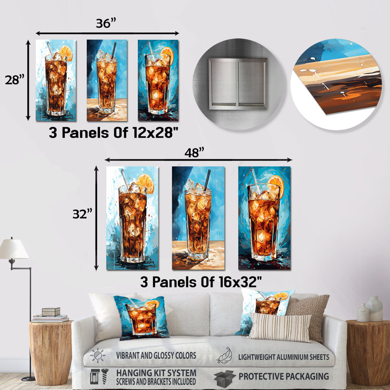 «Cold Coffee Summer Cocktail - Coffee & Tea», ensemble de 3 reproductions d'art en métal, H 28 po x l 36 po